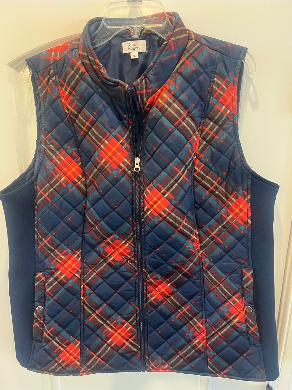Kim Rogers Quilted Navy Vest with Red Plaid Panels